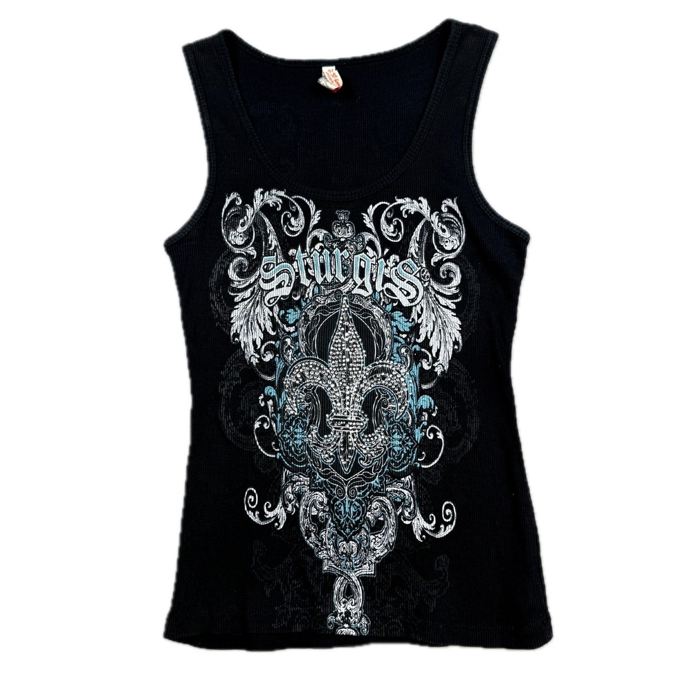 Sturgis Black Hills Rally Ribbed Tank Top Fleur De Lis Black‎ Large Rhinestone